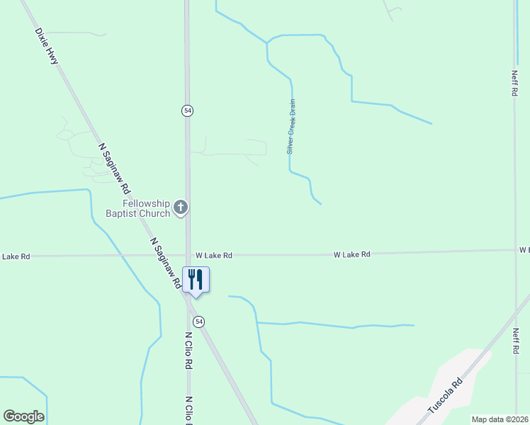 map of restaurants, bars, coffee shops, grocery stores, and more near 2406 West Lake Road in Clio