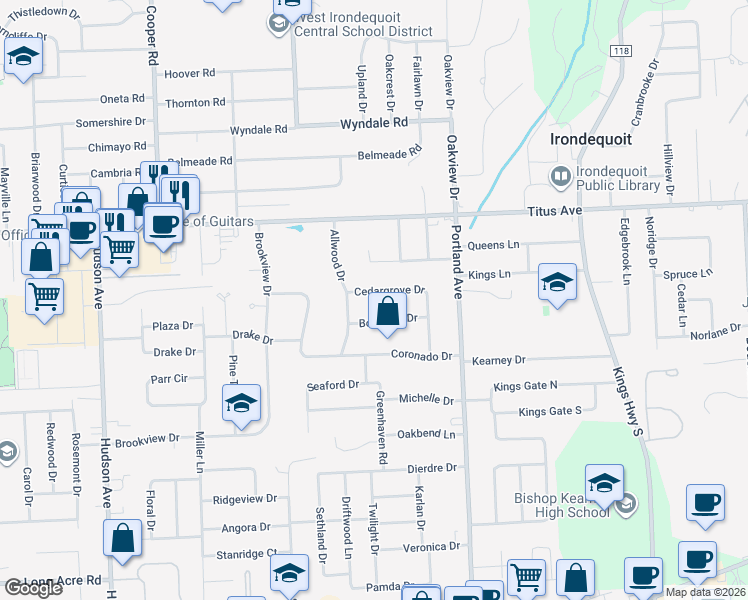 map of restaurants, bars, coffee shops, grocery stores, and more near 42 Cedargrove Drive in Rochester