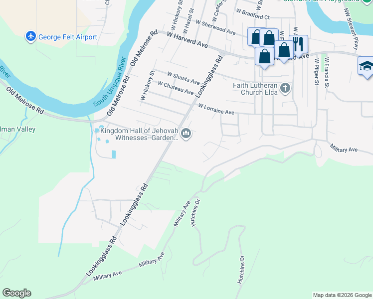 map of restaurants, bars, coffee shops, grocery stores, and more near 2961 West Toby Court in Roseburg
