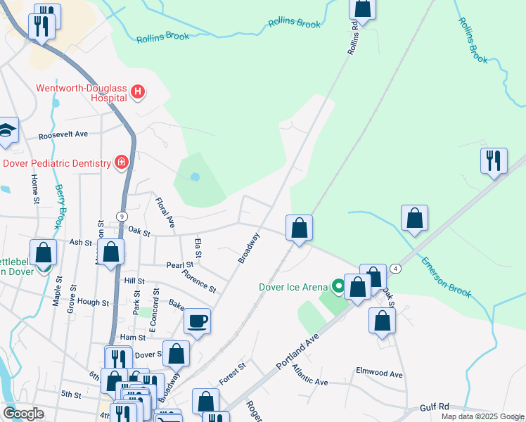 map of restaurants, bars, coffee shops, grocery stores, and more near 3 Highland Avenue in Rollinsford