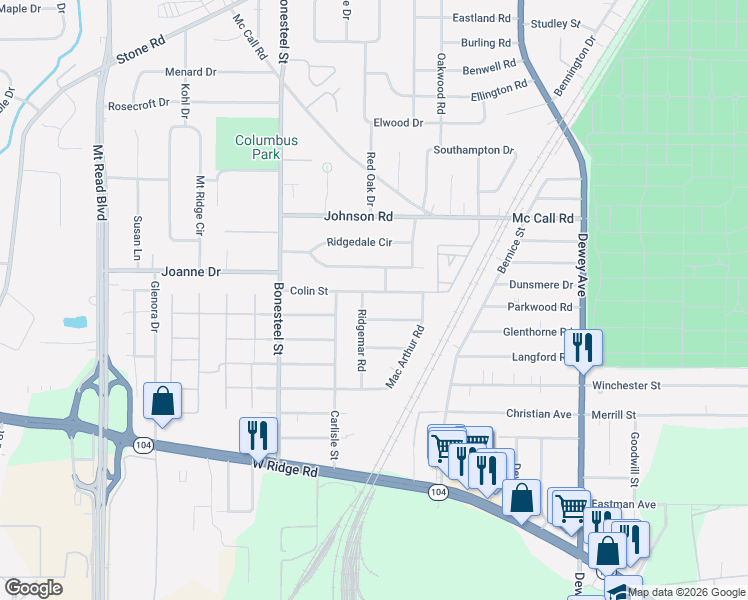map of restaurants, bars, coffee shops, grocery stores, and more near 134 Colin Street in Rochester