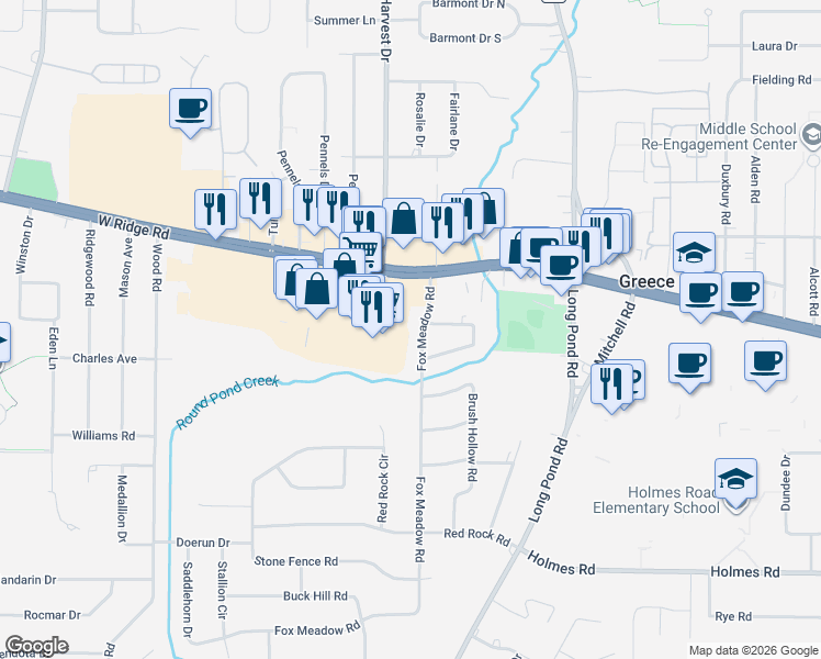 map of restaurants, bars, coffee shops, grocery stores, and more near 2791 West Ridge Road in Rochester