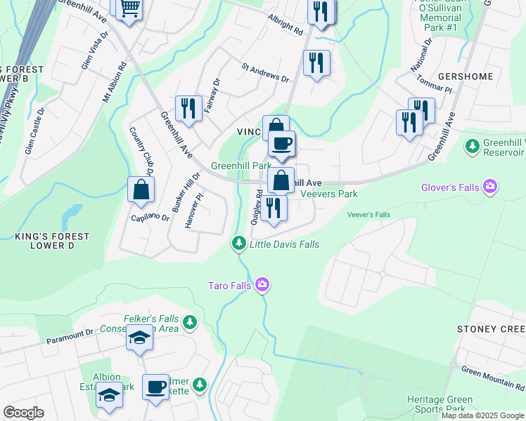 map of restaurants, bars, coffee shops, grocery stores, and more near 404 Quigley Road in Hamilton