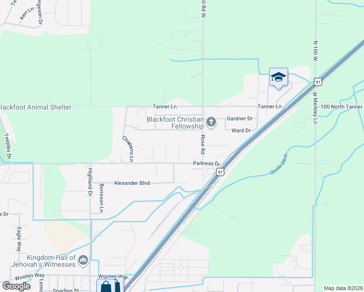 map of restaurants, bars, coffee shops, grocery stores, and more near 881 James St in Blackfoot