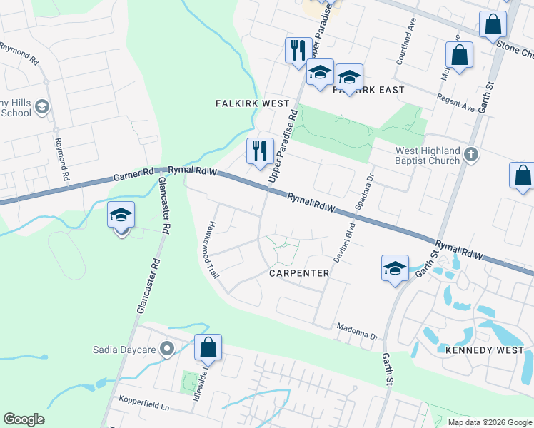 map of restaurants, bars, coffee shops, grocery stores, and more near 1219 Upper Paradise Road in Hamilton