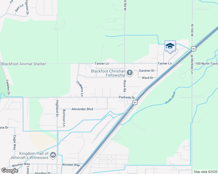 map of restaurants, bars, coffee shops, grocery stores, and more near 1051 James Street in Blackfoot
