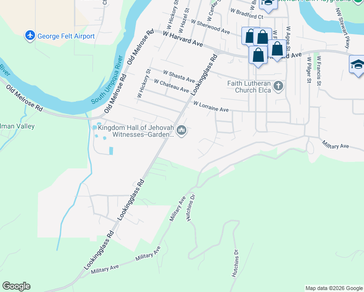 map of restaurants, bars, coffee shops, grocery stores, and more near 2961 West Toby Court in Roseburg