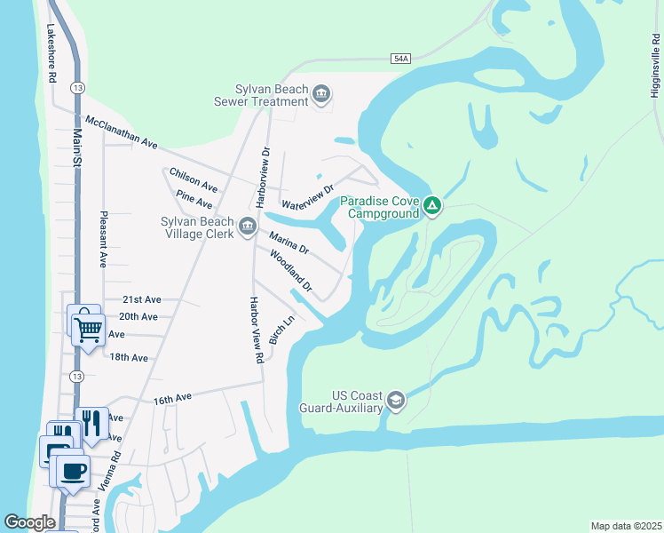 map of restaurants, bars, coffee shops, grocery stores, and more near 1031 Marina Drive in Blossvale