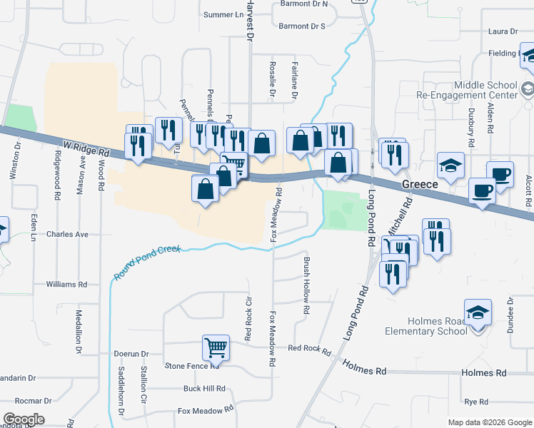 map of restaurants, bars, coffee shops, grocery stores, and more near 50 Fox Meadow Road in Rochester