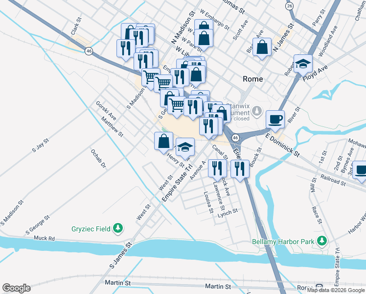map of restaurants, bars, coffee shops, grocery stores, and more near 200 Ridge St in Rome
