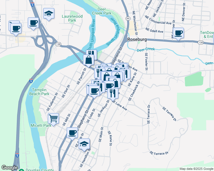 map of restaurants, bars, coffee shops, grocery stores, and more near 644 Southeast Cass Avenue in Roseburg