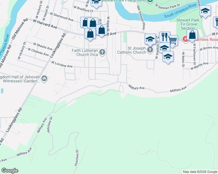 map of restaurants, bars, coffee shops, grocery stores, and more near 2362 Military Avenue in Roseburg