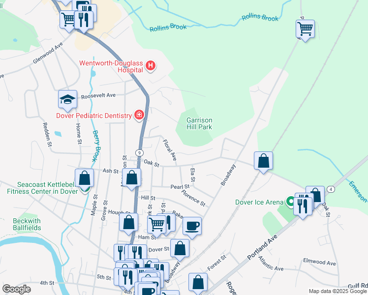 map of restaurants, bars, coffee shops, grocery stores, and more near 6 Floral Avenue in Dover