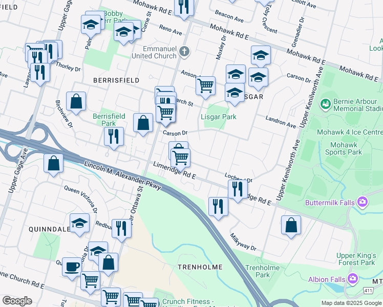 map of restaurants, bars, coffee shops, grocery stores, and more near 37 Laird Drive in Hamilton
