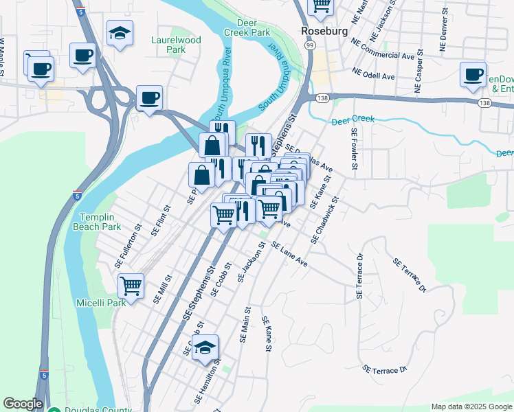 map of restaurants, bars, coffee shops, grocery stores, and more near 730 Southeast Cass Street in Roseburg