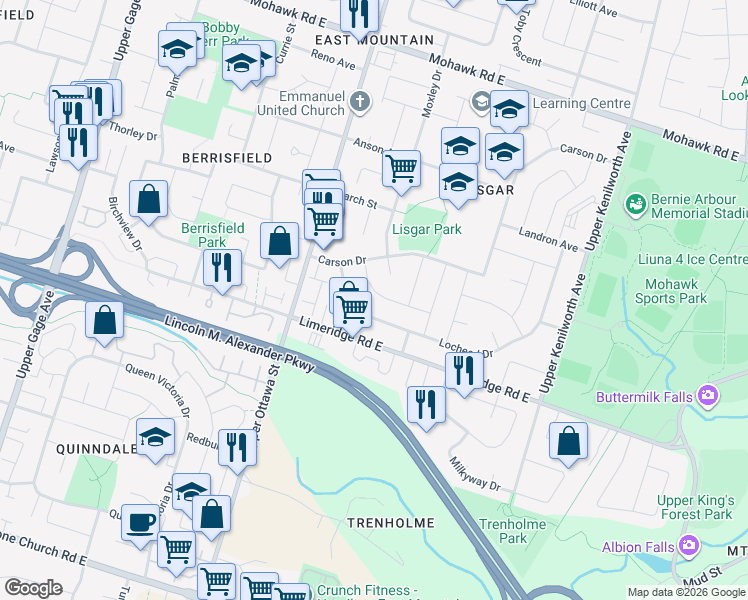 map of restaurants, bars, coffee shops, grocery stores, and more near 40 Laird Drive in Hamilton