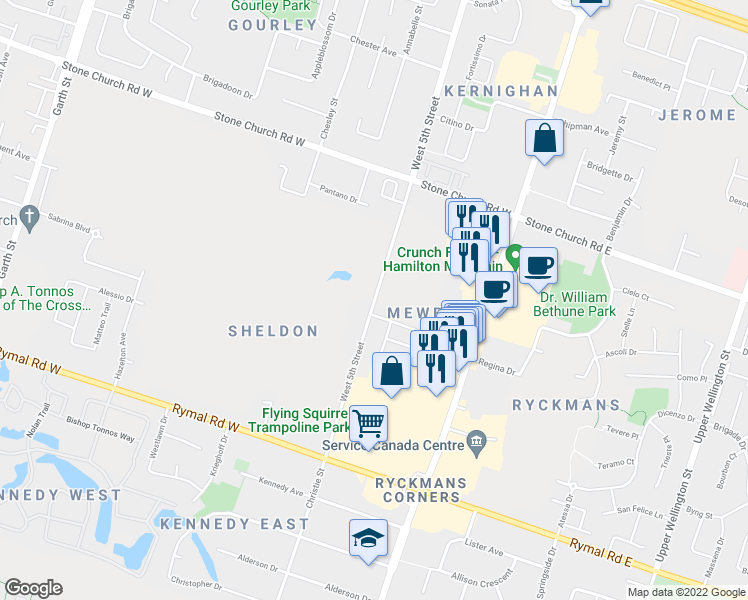 map of restaurants, bars, coffee shops, grocery stores, and more near 1137 West 5th Street in Hamilton