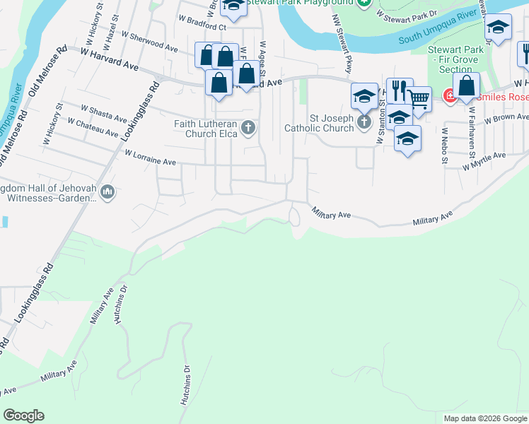 map of restaurants, bars, coffee shops, grocery stores, and more near 2362 Military Avenue in Roseburg