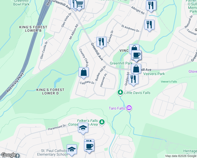 map of restaurants, bars, coffee shops, grocery stores, and more near 49 Bunker Hill Drive in Hamilton