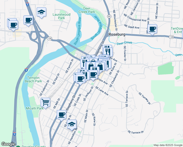 map of restaurants, bars, coffee shops, grocery stores, and more near 730 Southeast Cass Avenue in Roseburg