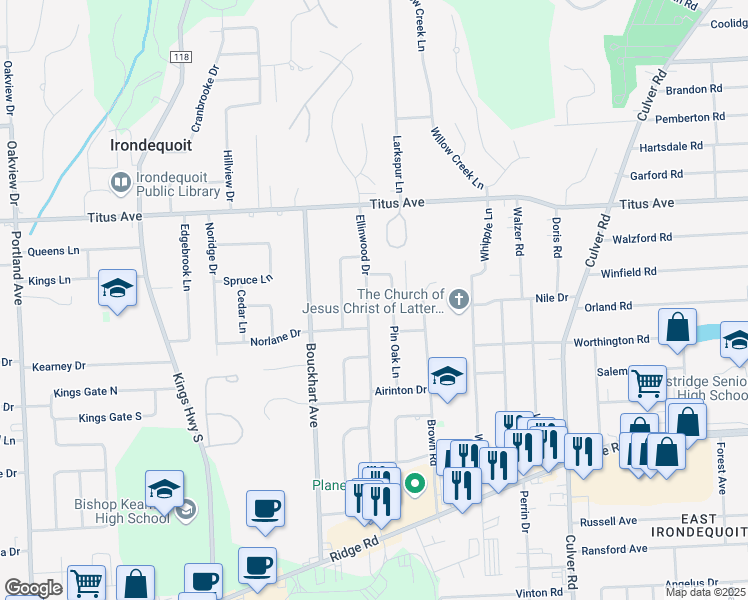 map of restaurants, bars, coffee shops, grocery stores, and more near 45 Flagstaff Drive in Irondequoit