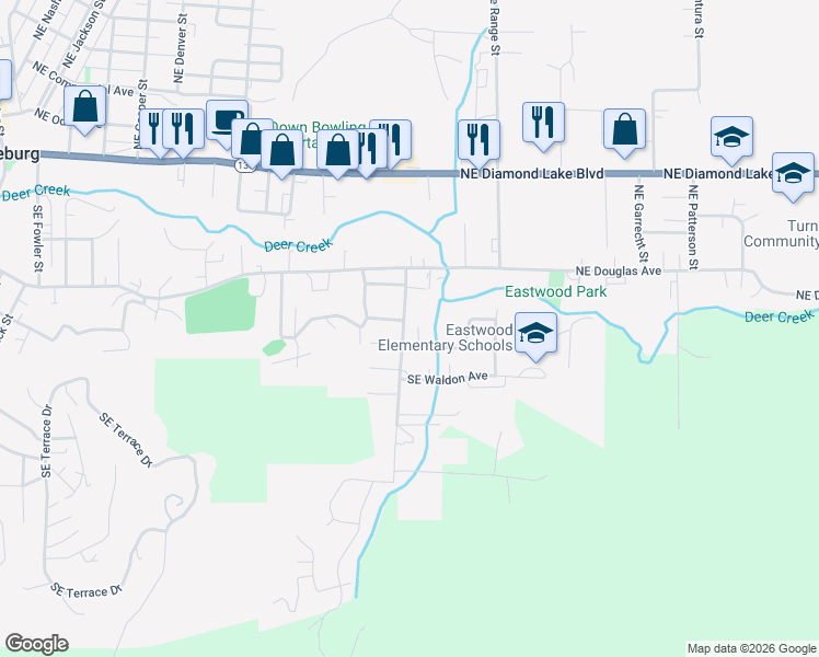 map of restaurants, bars, coffee shops, grocery stores, and more near 486 Southeast Ramp Road in Roseburg
