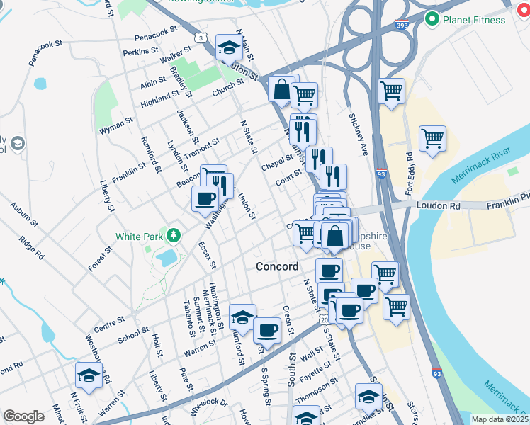 map of restaurants, bars, coffee shops, grocery stores, and more near 91A North State Street in Concord