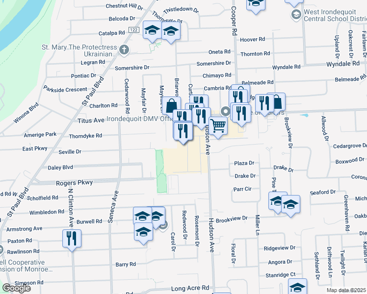 map of restaurants, bars, coffee shops, grocery stores, and more near 525 Titus Avenue in Irondequoit