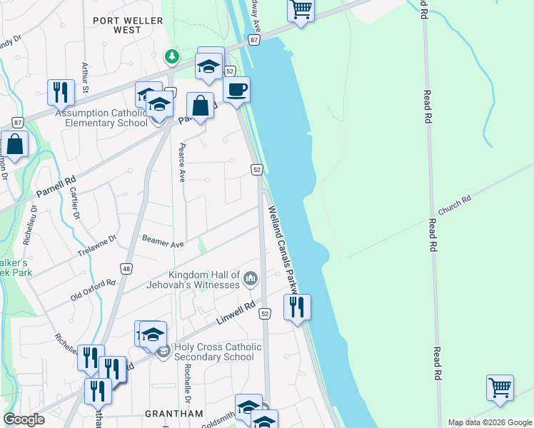map of restaurants, bars, coffee shops, grocery stores, and more near 65 Beamer Avenue in St. Catharines
