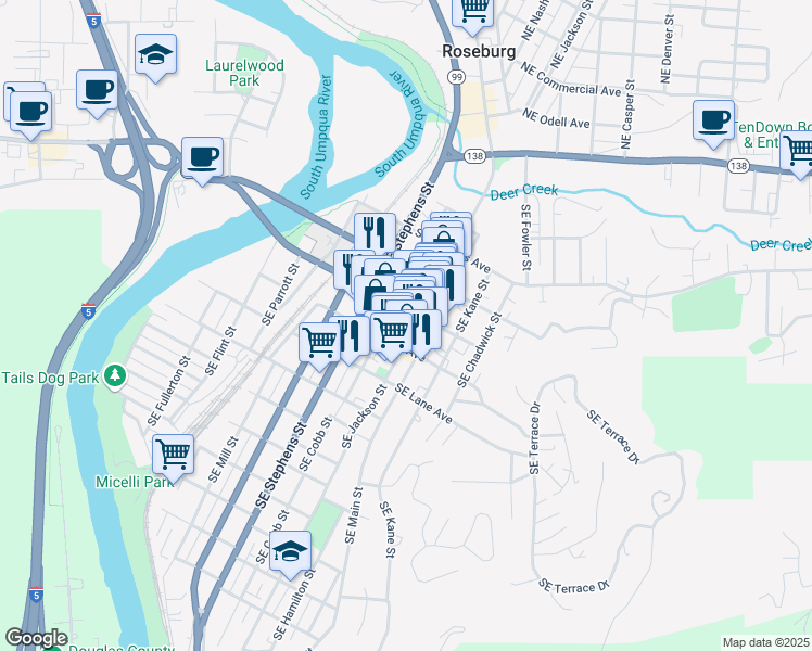 map of restaurants, bars, coffee shops, grocery stores, and more near 813 Southeast Oak Avenue in Roseburg