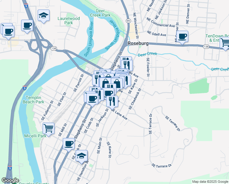 map of restaurants, bars, coffee shops, grocery stores, and more near 813 Southeast Oak Avenue in Roseburg