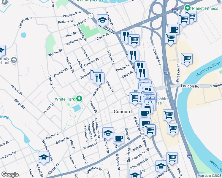 map of restaurants, bars, coffee shops, grocery stores, and more near 91A North State Street in Concord