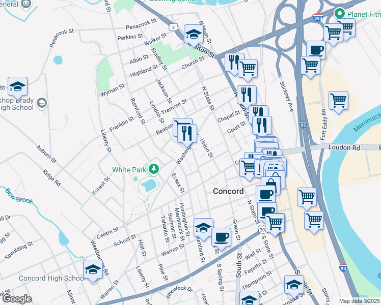 map of restaurants, bars, coffee shops, grocery stores, and more near 39 Washington Street in Concord