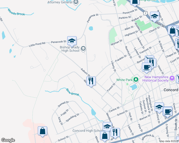map of restaurants, bars, coffee shops, grocery stores, and more near 6 Columbus Avenue in Concord