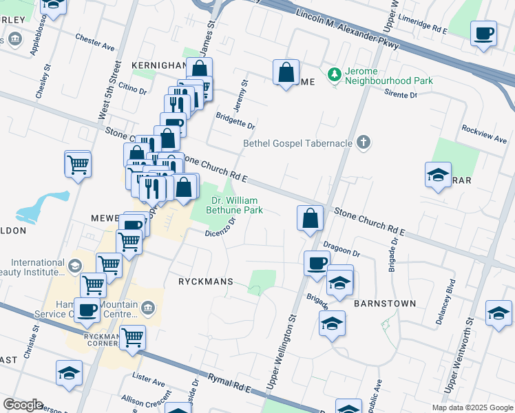 map of restaurants, bars, coffee shops, grocery stores, and more near Cielo Court in Hamilton