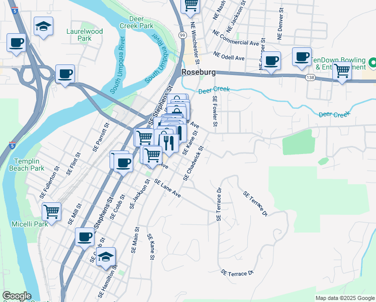 map of restaurants, bars, coffee shops, grocery stores, and more near 519 Southeast Kane Street in Roseburg