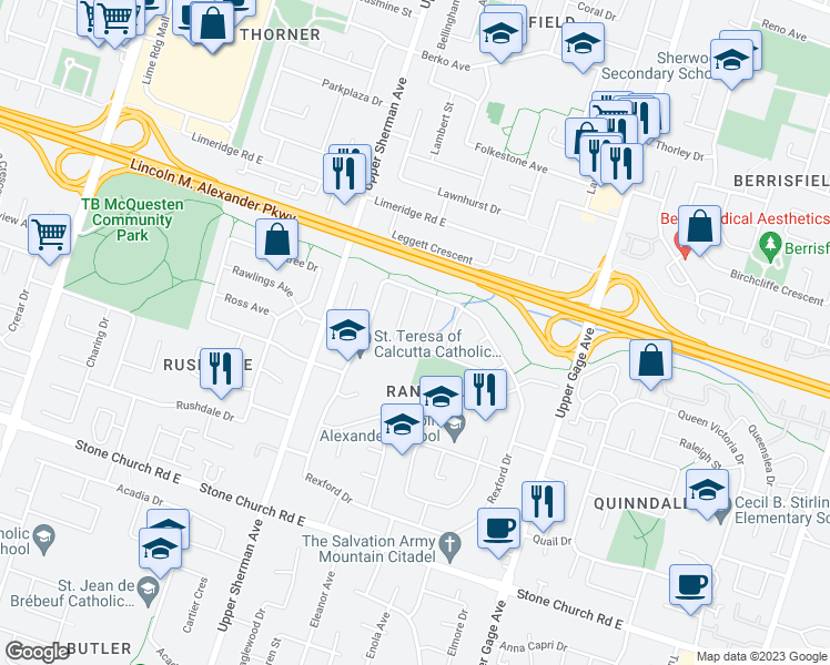 map of restaurants, bars, coffee shops, grocery stores, and more near 46 Robson Crescent in Hamilton