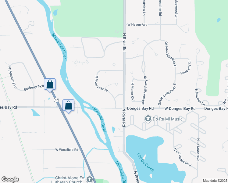 map of restaurants, bars, coffee shops, grocery stores, and more near 10440 North River Lake Drive in Mequon