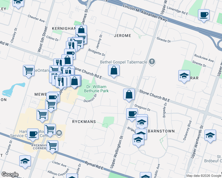 map of restaurants, bars, coffee shops, grocery stores, and more near 47 Cielo Court in Hamilton
