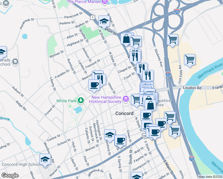 map of restaurants, bars, coffee shops, grocery stores, and more near 91A North State Street in Concord
