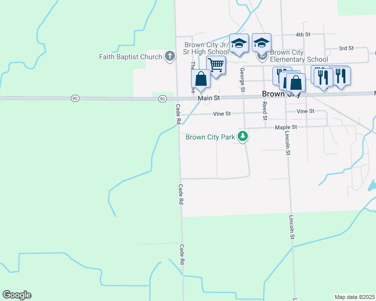 map of restaurants, bars, coffee shops, grocery stores, and more near 7115 Cade Road in Brown City