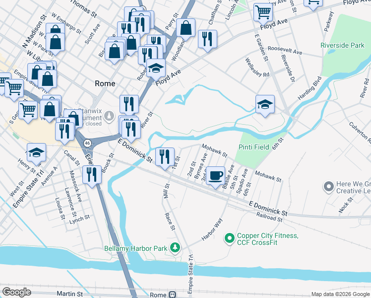 map of restaurants, bars, coffee shops, grocery stores, and more near 311 Mohawk Street in Rome