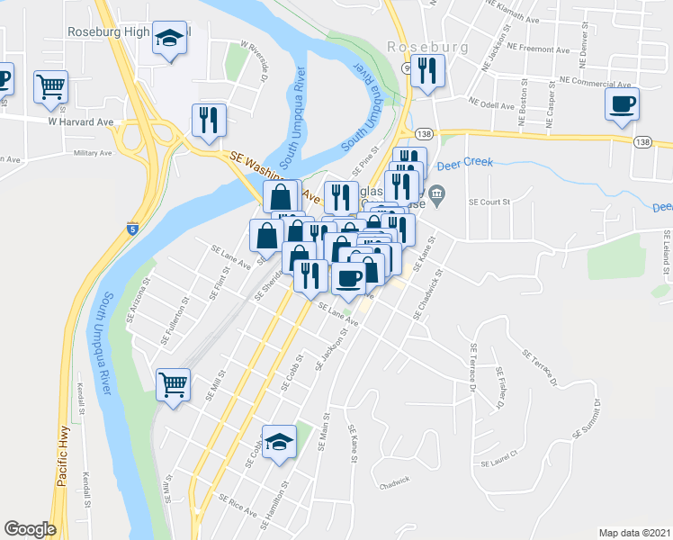 map of restaurants, bars, coffee shops, grocery stores, and more near 704 SE Cass Ave in Roseburg
