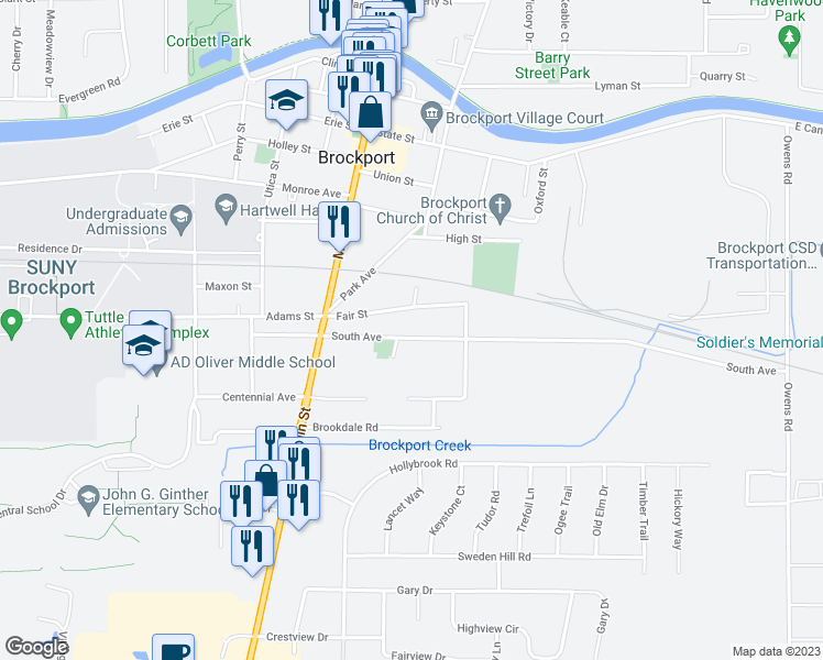map of restaurants, bars, coffee shops, grocery stores, and more near 75 South Avenue in Brockport