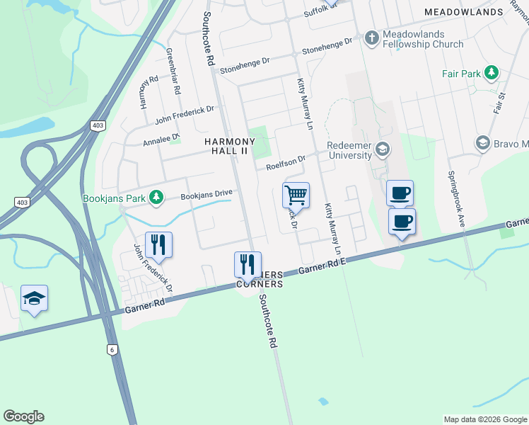 map of restaurants, bars, coffee shops, grocery stores, and more near 245 Moorland Crescent in Hamilton