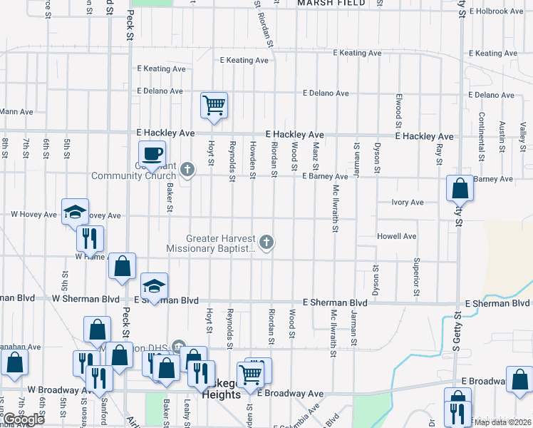 map of restaurants, bars, coffee shops, grocery stores, and more near 2345 Riordan Street in Muskegon Heights