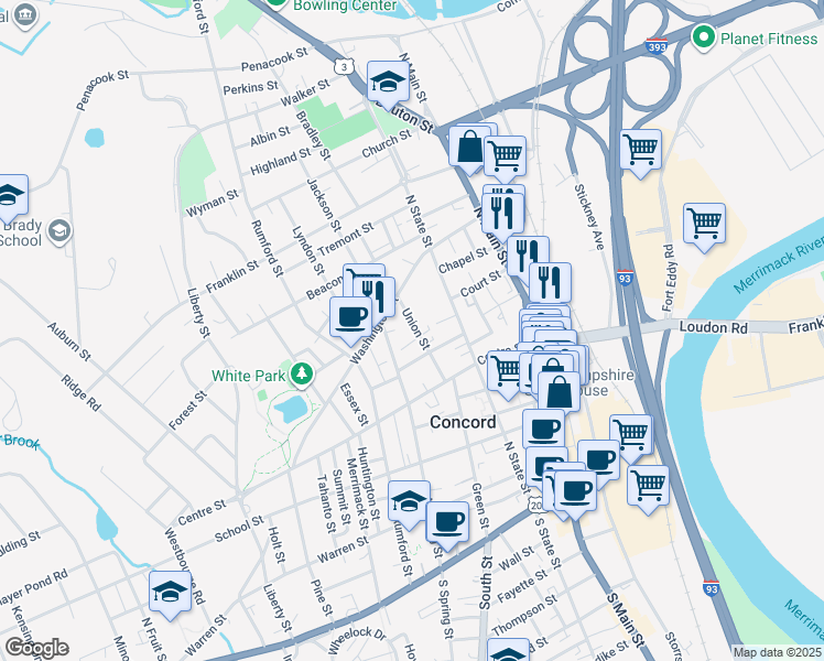 map of restaurants, bars, coffee shops, grocery stores, and more near 39 Washington Street in Concord