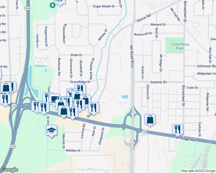 map of restaurants, bars, coffee shops, grocery stores, and more near 1683 Stone Road in Rochester