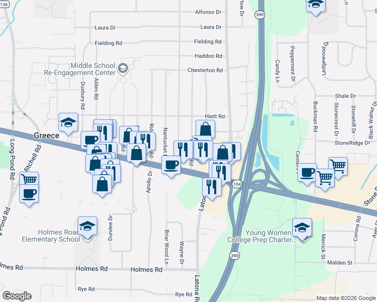 map of restaurants, bars, coffee shops, grocery stores, and more near 72 Newton Road in Rochester