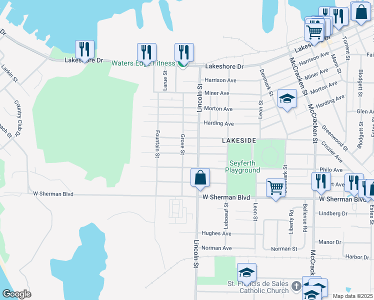 map of restaurants, bars, coffee shops, grocery stores, and more near 2438 Cutler Avenue in Muskegon